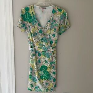 Forever 21 Short Sleeve Green Pink Floral Waist Tie Dress Spring Summer Small